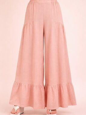 Blush Pink Wide-Leg Ruffle Hem Pants
